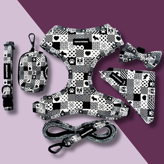 Dog Harness, Collar, Lead, Poo Bag Holder, Bow & Bandana - Paws Everyday Collection - “Monochrome Mischief”