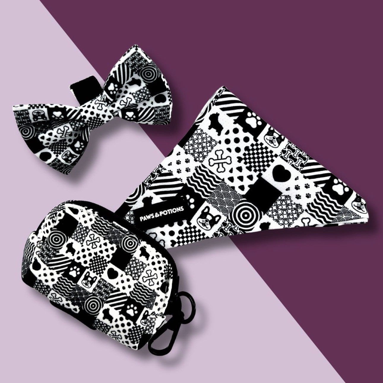 Dog Harness, Collar, Lead, Poo Bag Holder, Bow & Bandana - Paws Everyday Collection - “Monochrome Mischief”