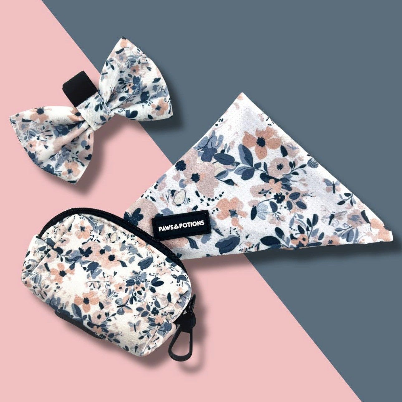 Dog Harness, Collar, Lead, Poo Bag Holder, Bow & Bandana - Paws Everyday Collection - “Blossom Breeze”