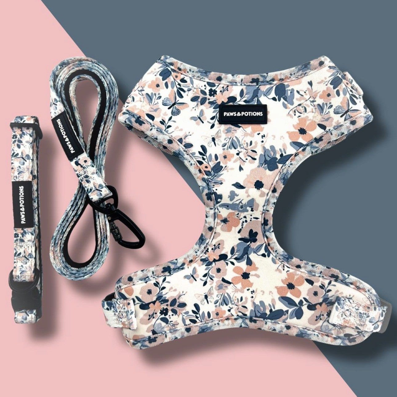Dog Harness, Collar, Lead, Poo Bag Holder, Bow & Bandana - Paws Everyday Collection - “Blossom Breeze”
