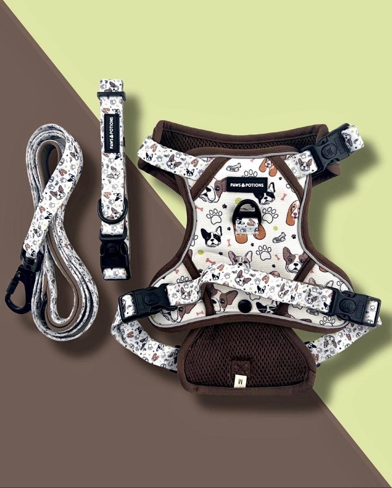 Dog Harness, Collar, Lead, Large Poo Bag Holder, Bow, Bandana & Drawstring Bag - "Frenchie Fools & Spaniel Rules"  - The Paws Explorer Collection