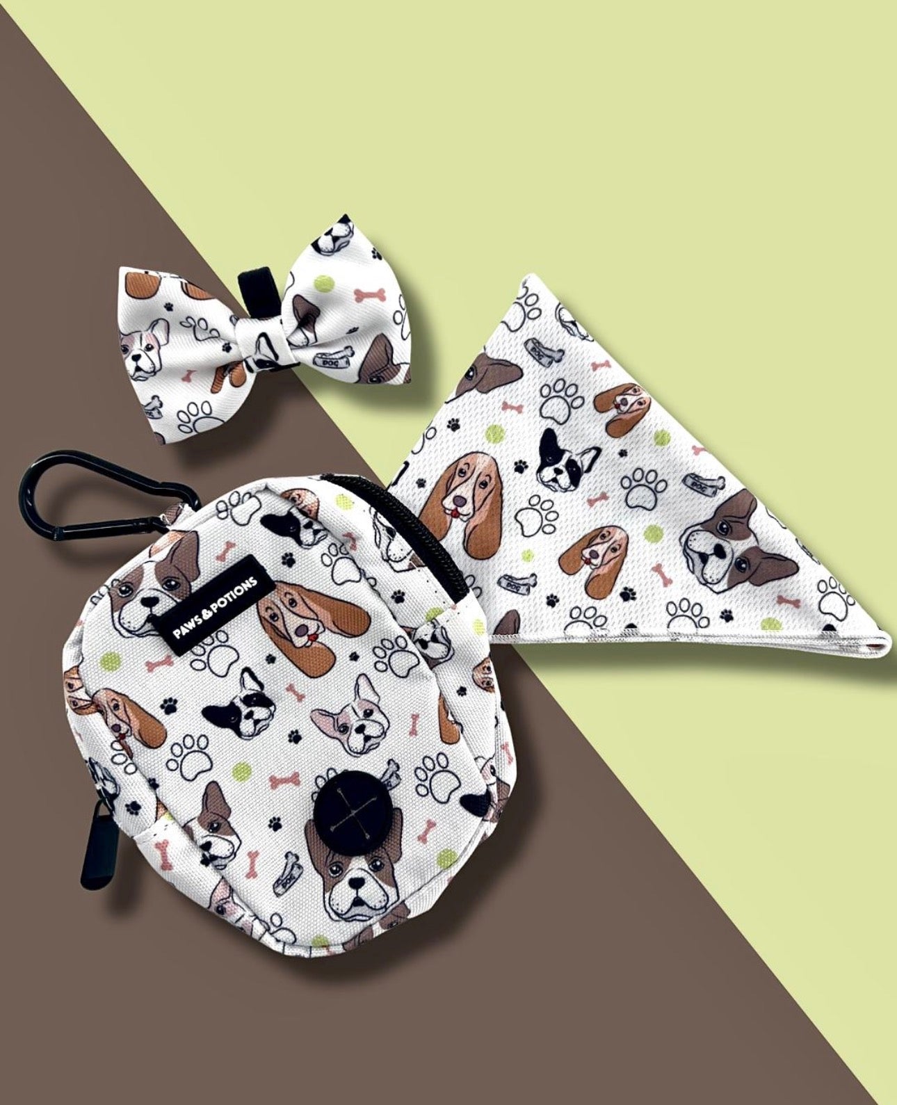 Dog Harness, Collar, Lead, Large Poo Bag Holder, Bow, Bandana & Drawstring Bag - "Frenchie Fools & Spaniel Rules"  - The Paws Explorer Collection