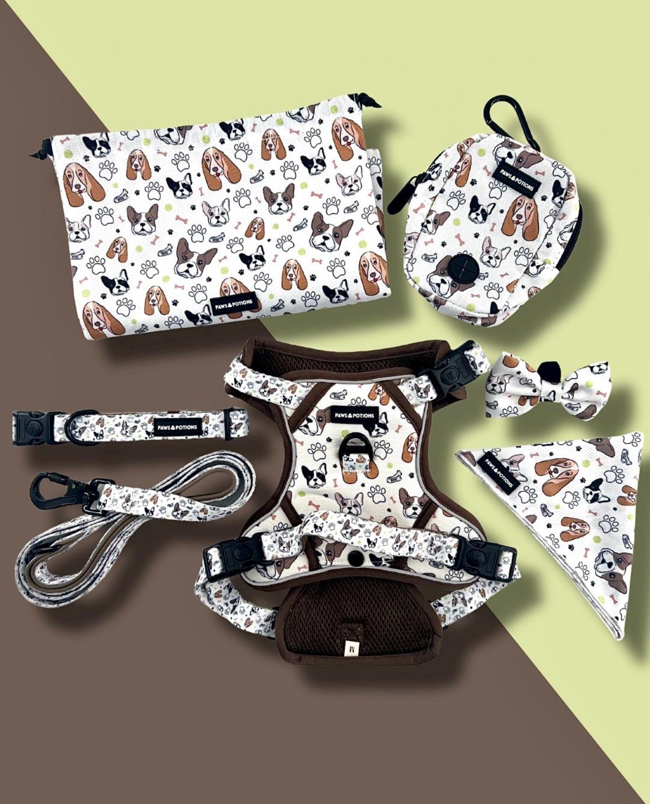 Dog Harness, Collar, Lead, Large Poo Bag Holder, Bow, Bandana & Drawstring Bag - "Frenchie Fools & Spaniel Rules"  - The Paws Explorer Collection