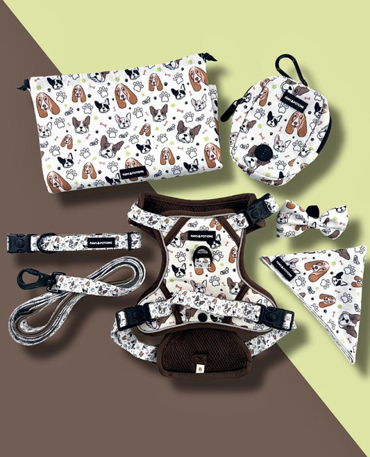 Dog Harness, Collar, Lead, Large Poo Bag Holder, Bow, Bandana & Drawstring Bag - "Frenchie Fools & Spaniel Rules"  - The Paws Explorer Collection