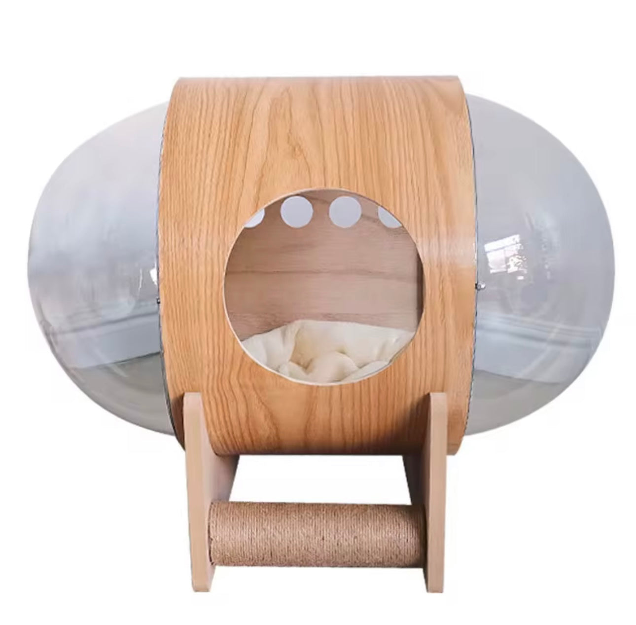 Modern Wooden Cat Capsule Bed — Transparent Bubble Design