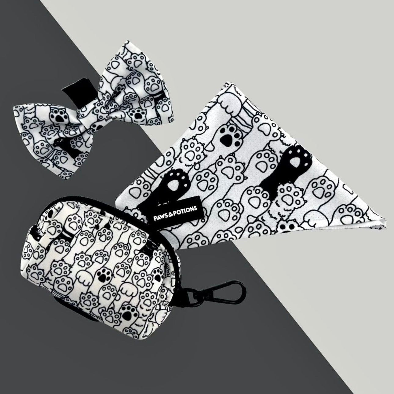 Dog Harness, Collar, Lead, Poo Bag Holder, Bow & Bandana - Paws Everyday Collection - “Paws & Sketches”