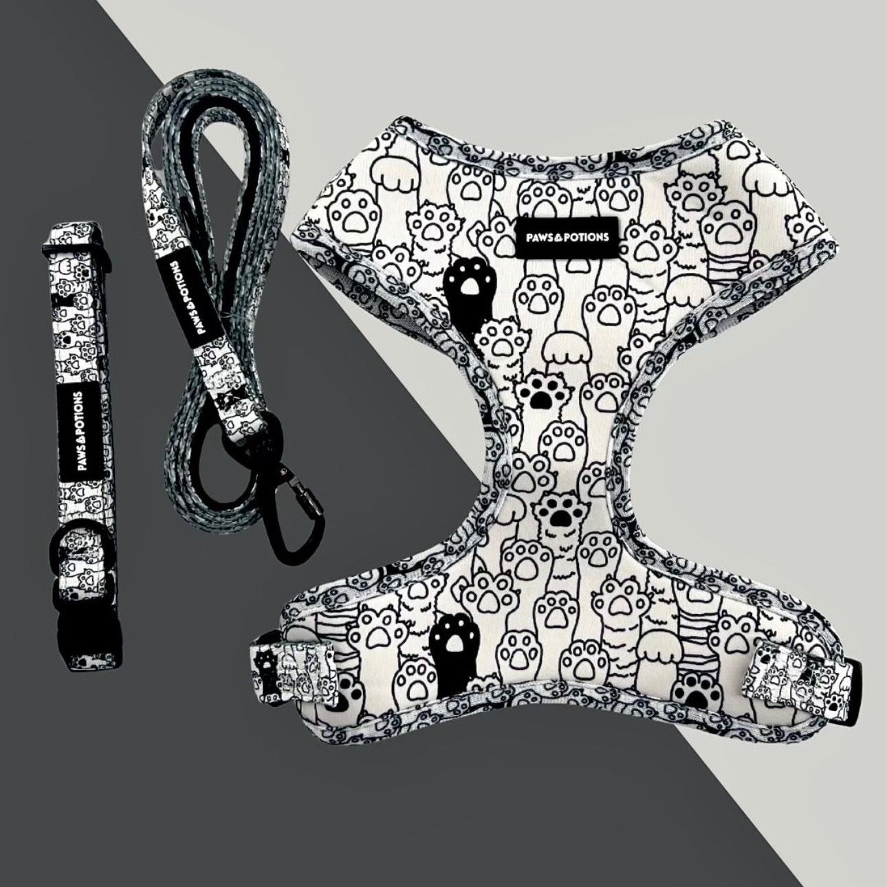 Dog Harness, Collar, Lead, Poo Bag Holder, Bow & Bandana - Paws Everyday Collection - “Paws & Sketches”