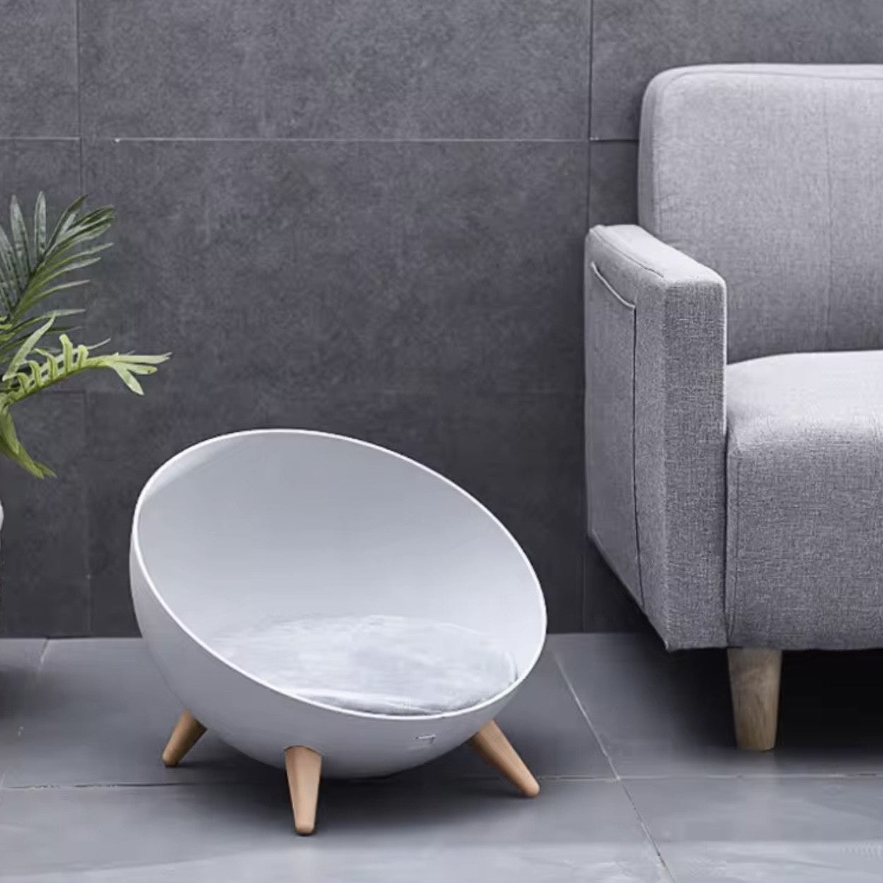 Modern Raised Cat Bed with Grey Cushion – Contemporary Bowl Design