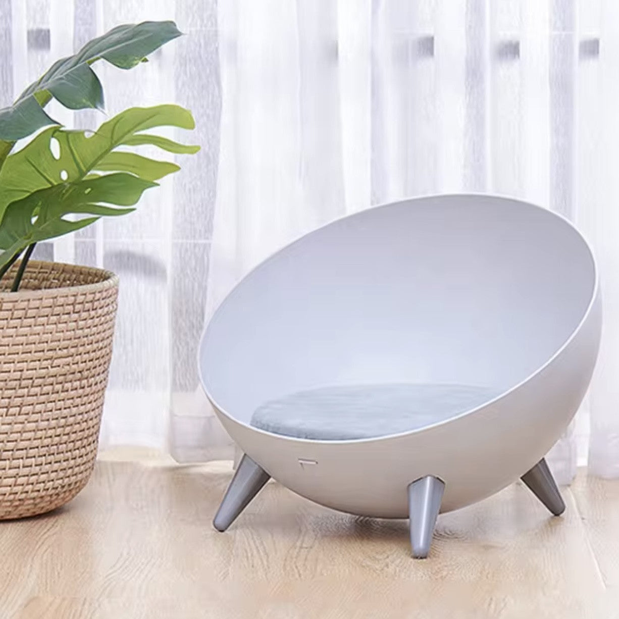 Modern Raised Cat Bed with Grey Cushion – Contemporary Bowl Design