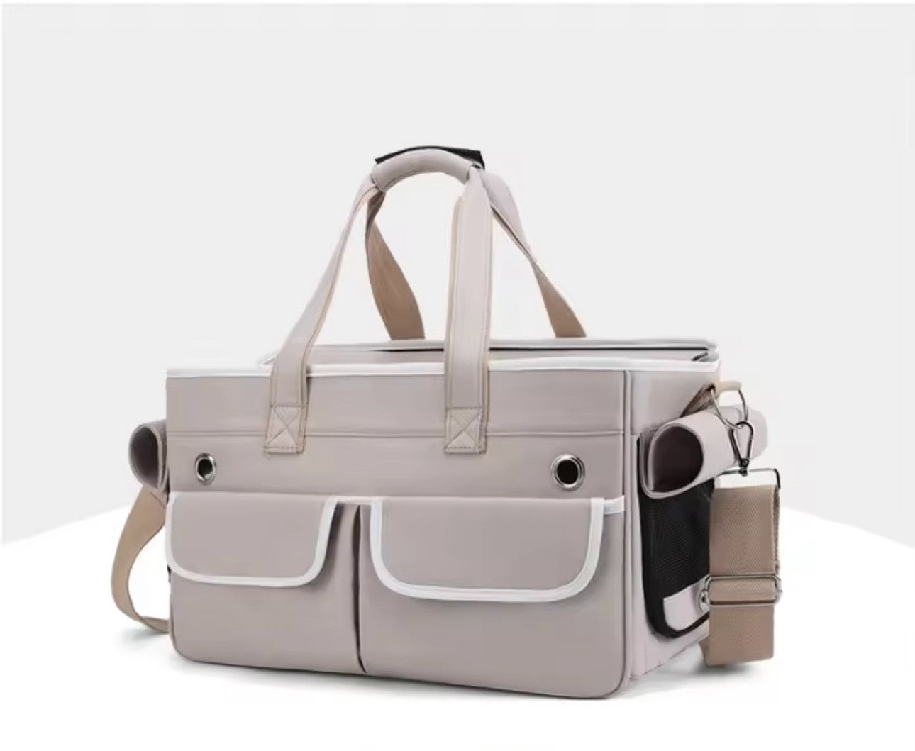 Elegant Breathable Pet Carrier Tote with Safety Clip & Dual-Pocket Design